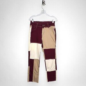 Y2K Medium Patch Mid Rise‎ Straight Leg Stretch Pants Beige and Burgundy Casual